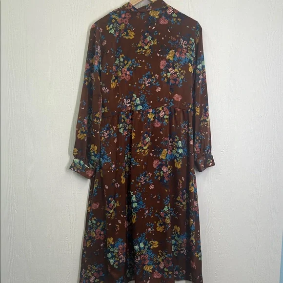 Zara - Colorful Floral Neck Tie Long Sleeve Deep V Neck Midi Dress Size Large - Picture 12 of 12